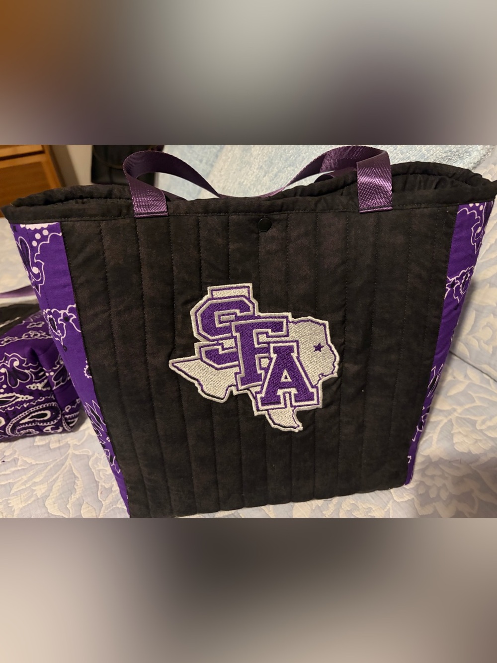 Quilted Black and Purple Tote with Embroidered SFA Logo